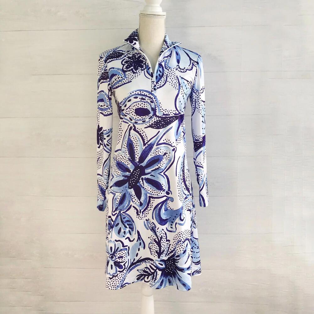 Long Sleeve White & Blue Floral Jersey Dress